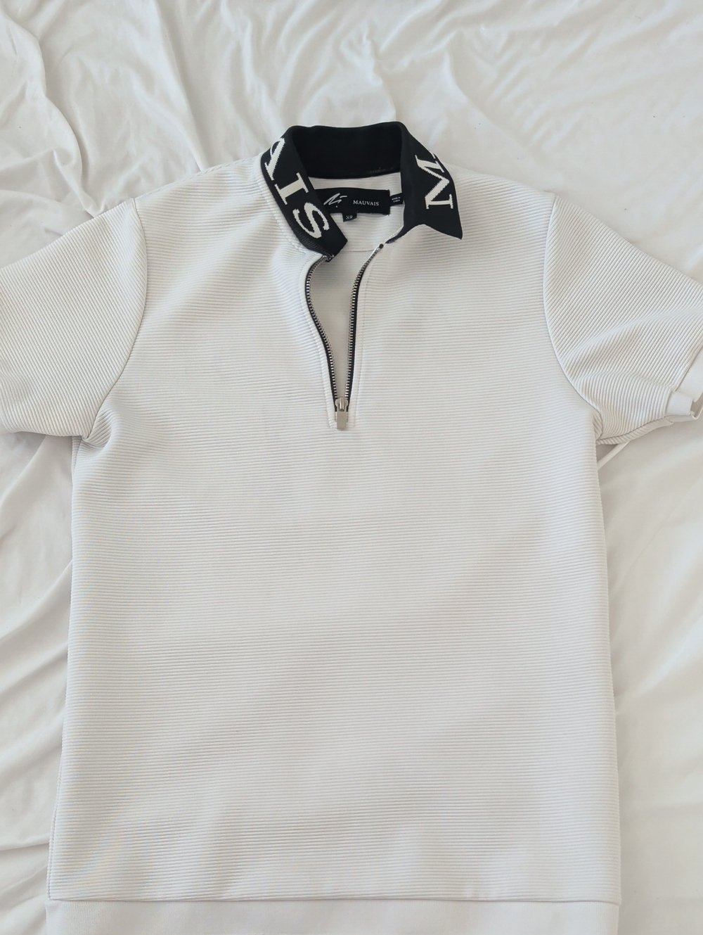 MAUVAIS | Men's White Quarter Zip Polo with Black Logo Collar